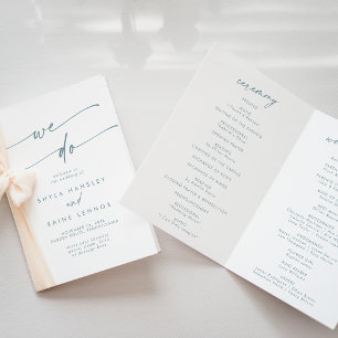 Boho Chic Teal and White We Do Folded Wedding Programme