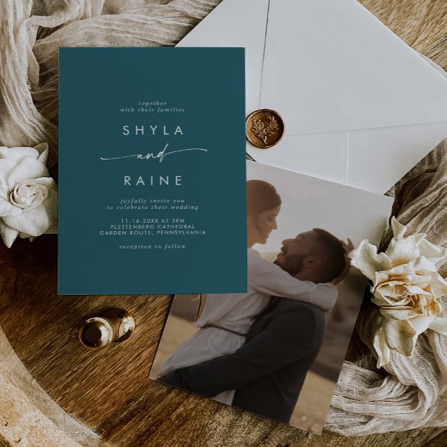 Boho Chic Teal Blue Casual Photo Wedding Invitation (Creator Uploaded)