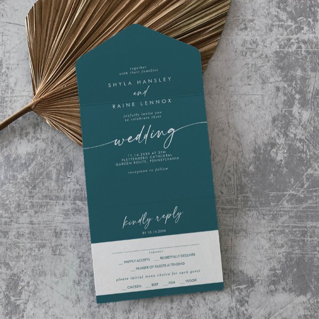 Boho Chic Teal Blue Meal Choice RSVP Wedding All In One Invitation (Creator Uploaded)