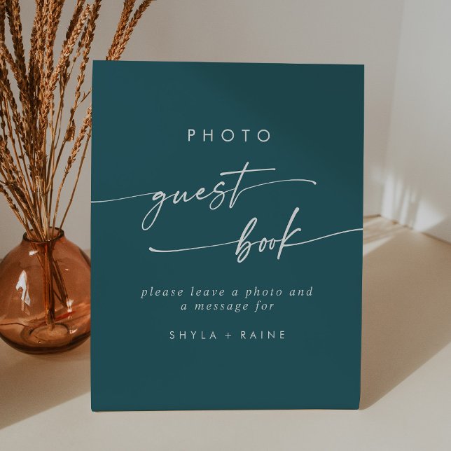 Boho Chic Teal Blue Photo Guest Book Wedding Pedestal Sign (Creator Uploaded)