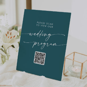 Boho Chic Teal Blue QR Code Wedding Program Pedestal Sign