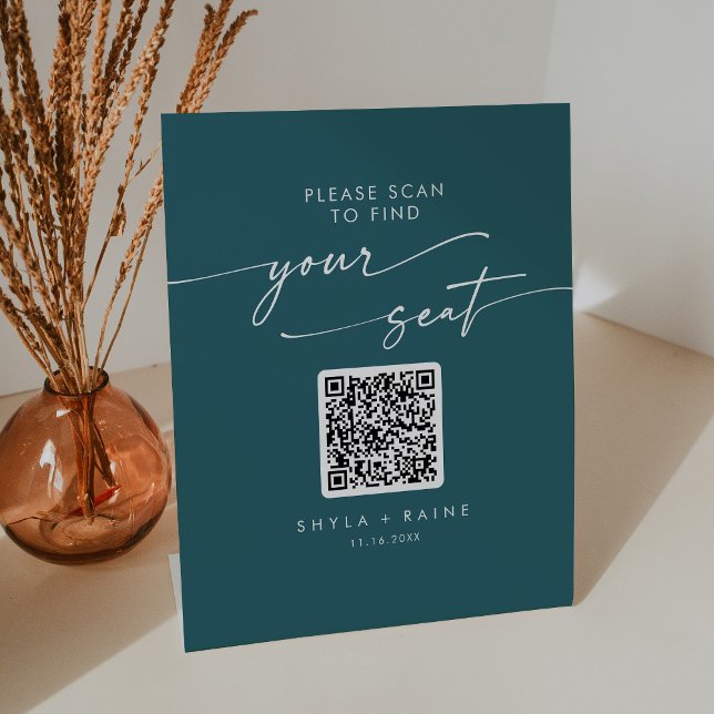 Boho Chic Teal Blue Seating Chart QR Code Pedestal Sign (Creator Uploaded)