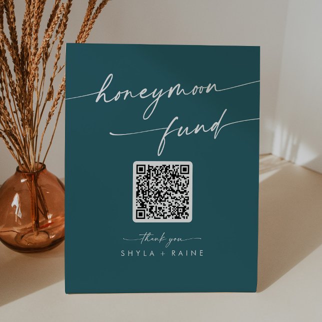Boho Chic Teal Blue Wedding Honeymoon Fund Pedestal Sign (Creator Uploaded)