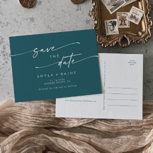 Boho Chic Teal Blue Wedding Save the Date Invitation Postcard