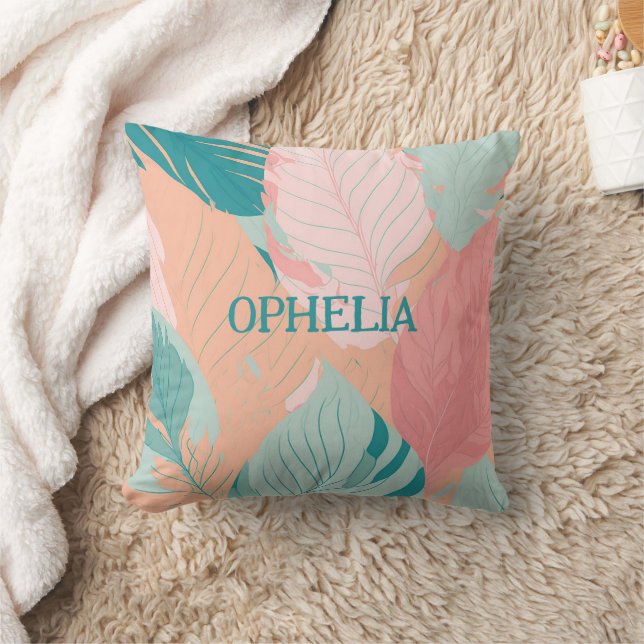 Boho Chic Teal Coral Pink Leaves Baby Name Cushion (Blanket)