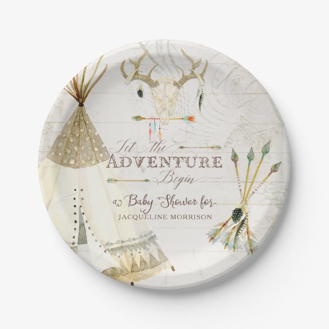 BOHO Chic Teepee Arrows Deer Baby Boy Shower Wood Paper Plate (Front)
