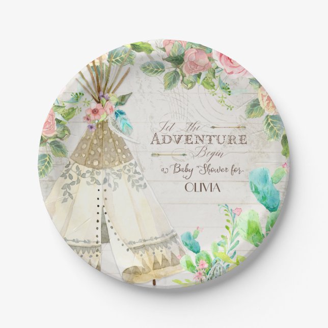 BOHO Chic Teepee Cactus Baby Girl Shower Wood Art Paper Plate (Front)