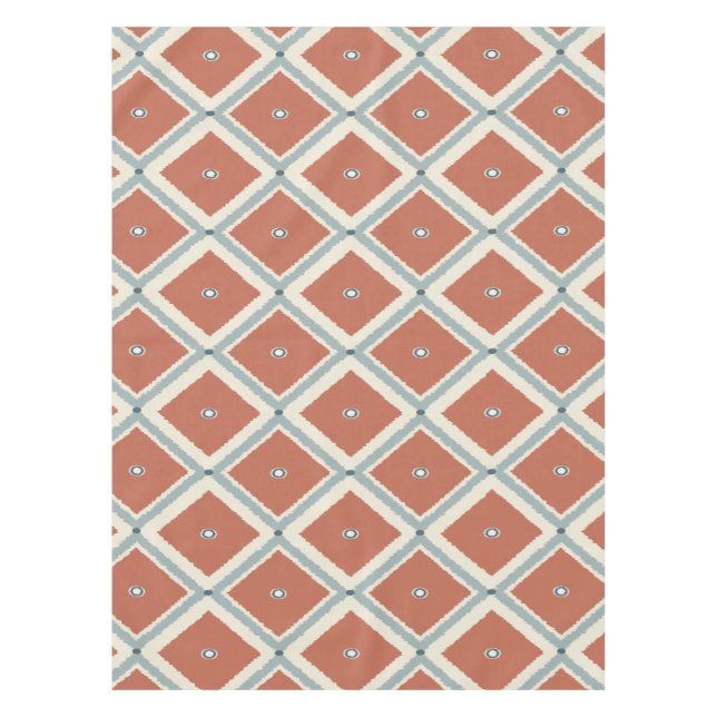 Boho Chic Terracotta and Indigo Geometric Ikat Pat Tablecloth (Front)