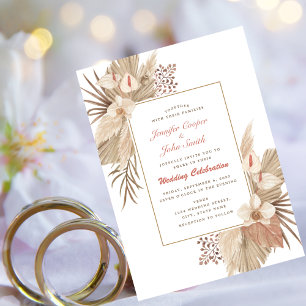 Boho Chic Terracotta Pampas Grass Orchid Wedding Invitation