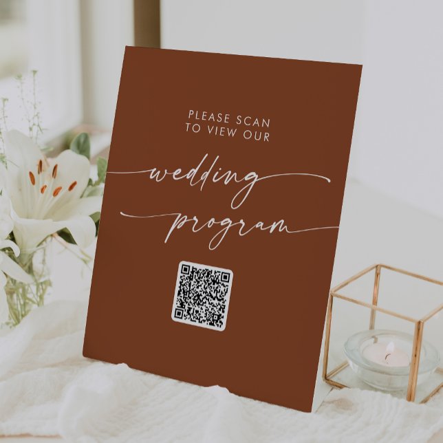 Boho Chic Terracotta QR Code Wedding Program Pedestal Sign (Creator Uploaded)