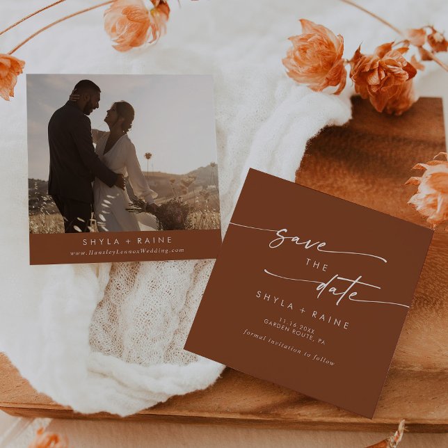 Boho Chic Terracotta Square Photo Back Save The Date (Creator Uploaded)