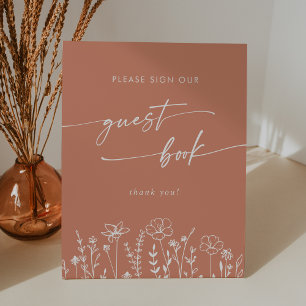 Boho Chic Terracotta Wildflower Wedding Guest Book Pedestal Sign