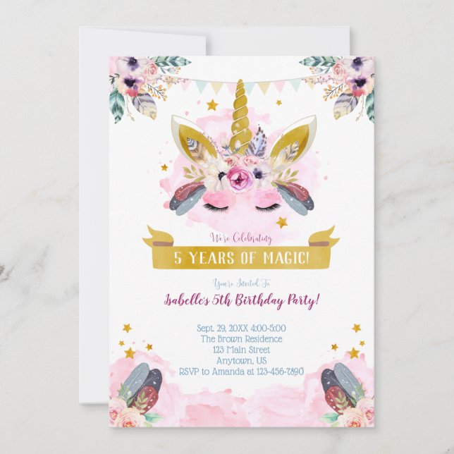 Boho Chic Unicorn Face Birthday Invitation (Front)