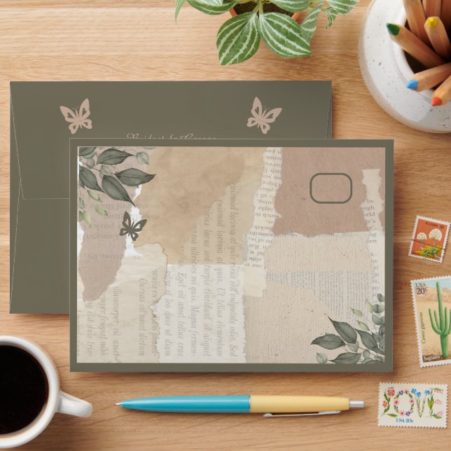 Boho chic vintage greenery wedding envelope (Desk)