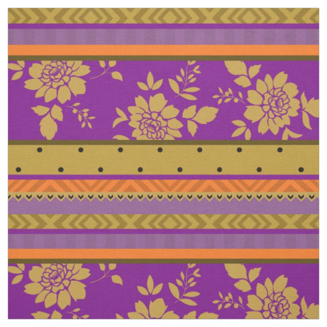 Boho Chic Violet Mustard Yellow Floral Stripes Fabric (Swatch)