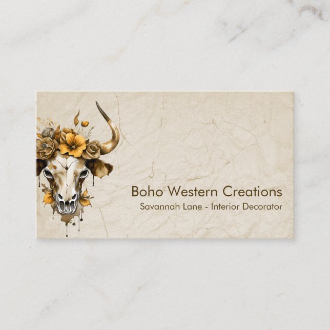Boho Chic Watercolor Floral Cow Skull  Business Card (Front)