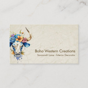 Boho Chic Watercolor Floral Cow Skull Business Card