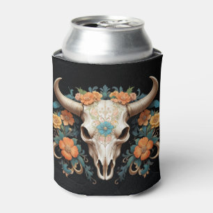 Boho Chic Watercolor Floral Cow Skull Can Cooler
