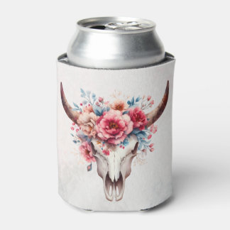Boho Chic Watercolor Floral Cow Skull Can Cooler
