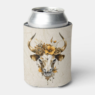 Boho Chic Watercolor Floral Cow Skull Can Cooler