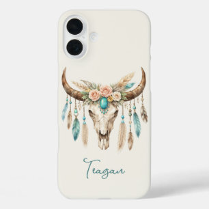 Boho Chic Watercolor Floral Cow Skull iPhone 16 Plus Case