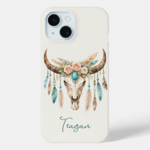 Boho Chic Watercolor Floral Cow Skull iPhone 15 Case