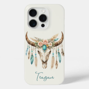 Boho Chic Watercolor Floral Cow Skull iPhone 15 Pro Case