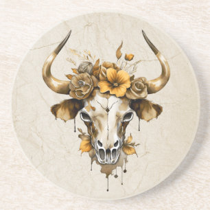 Boho Chic Watercolor Floral Cow Skull Coaster