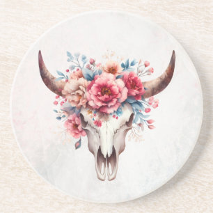 Boho Chic Watercolor Floral Cow Skull Coaster