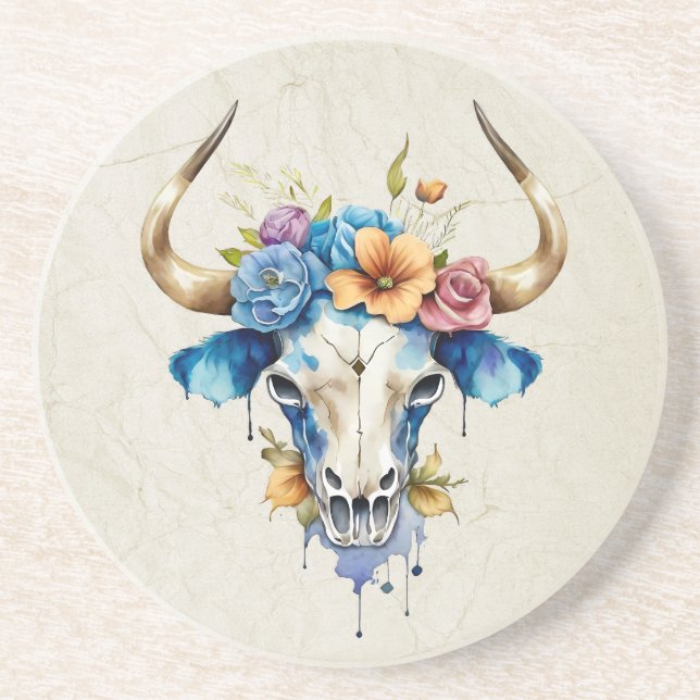Boho Chic Watercolor Floral Cow Skull  Coaster (Front)