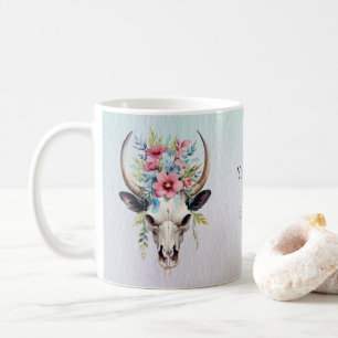Boho Chic Watercolor Floral Cow Skull Coffee Mug