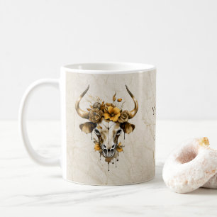 Boho Chic Watercolor Floral Cow Skull Coffee Mug