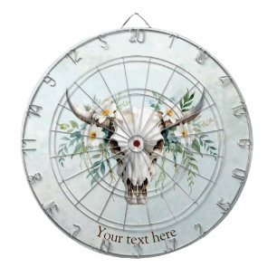 Boho Chic Watercolor Floral Cow Skull Dartboard