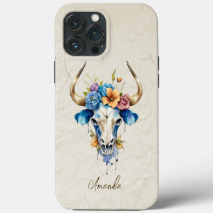 Boho Chic Watercolor Floral Cow Skull iPhone 13 Pro Max Case