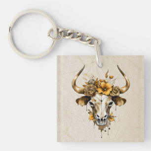 Boho Chic Watercolor Floral Cow Skull Key Ring