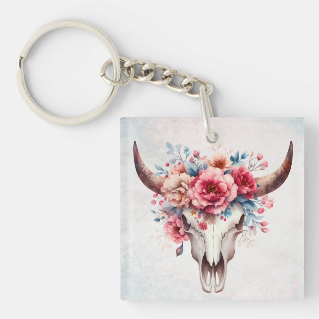 Boho Chic Watercolor Floral Cow Skull  Key Ring (Front)