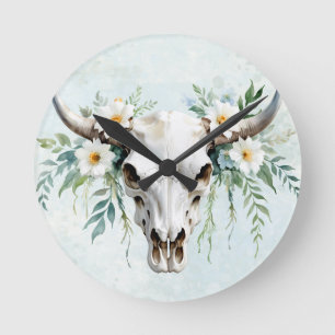Boho Chic Watercolor Floral Cow Skull Round Clock