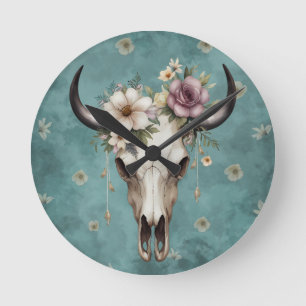 Boho Chic Watercolor Floral Cow Skull Round Clock
