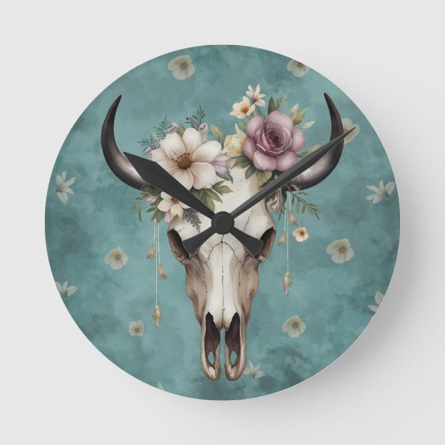 Boho Chic Watercolor Floral Cow Skull Round Clock (Front)