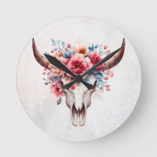 Boho Chic Watercolor Floral Cow Skull Round Clock