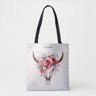 Boho Chic Watercolor Floral Cow Skull Tote Bag