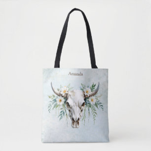 Boho Chic Watercolor Floral Cow Skull Tote Bag