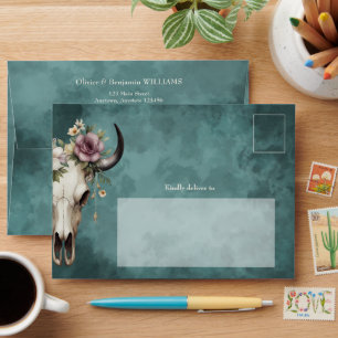 Boho Chic Watercolor Floral Cow Skull Wedding Envelope