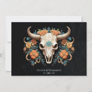 Boho Chic Watercolor Floral Cow Skull Wedding Invitation