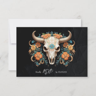 Boho Chic Watercolor Floral Cow Skull Wedding RSVP Card