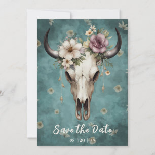 Boho Chic Watercolor Floral Cow Skull Wedding Save The Date