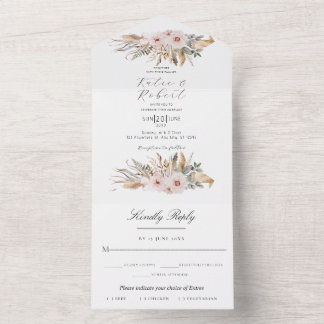Boho Chic Watercolor Floral Wedding All In One Invitation
