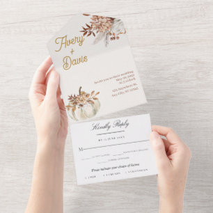 Boho Chic Watercolor Floral Wedding All In One Invitation