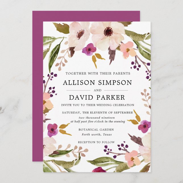 Boho Chic | Watercolor Floral Wedding Invitation (Front/Back)