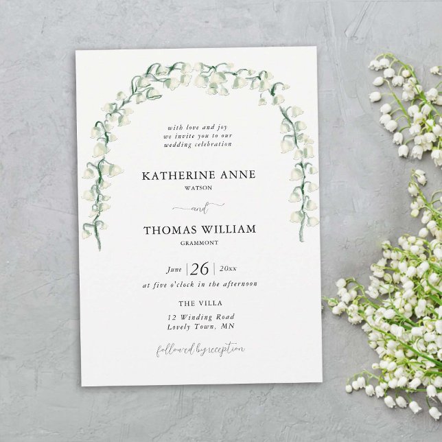 Boho Chic Watercolor Lily of Valley Wedding Arch Invitation (spring wedding invitation card lily valley watercolor fine art hand drawn romantic boho arch)